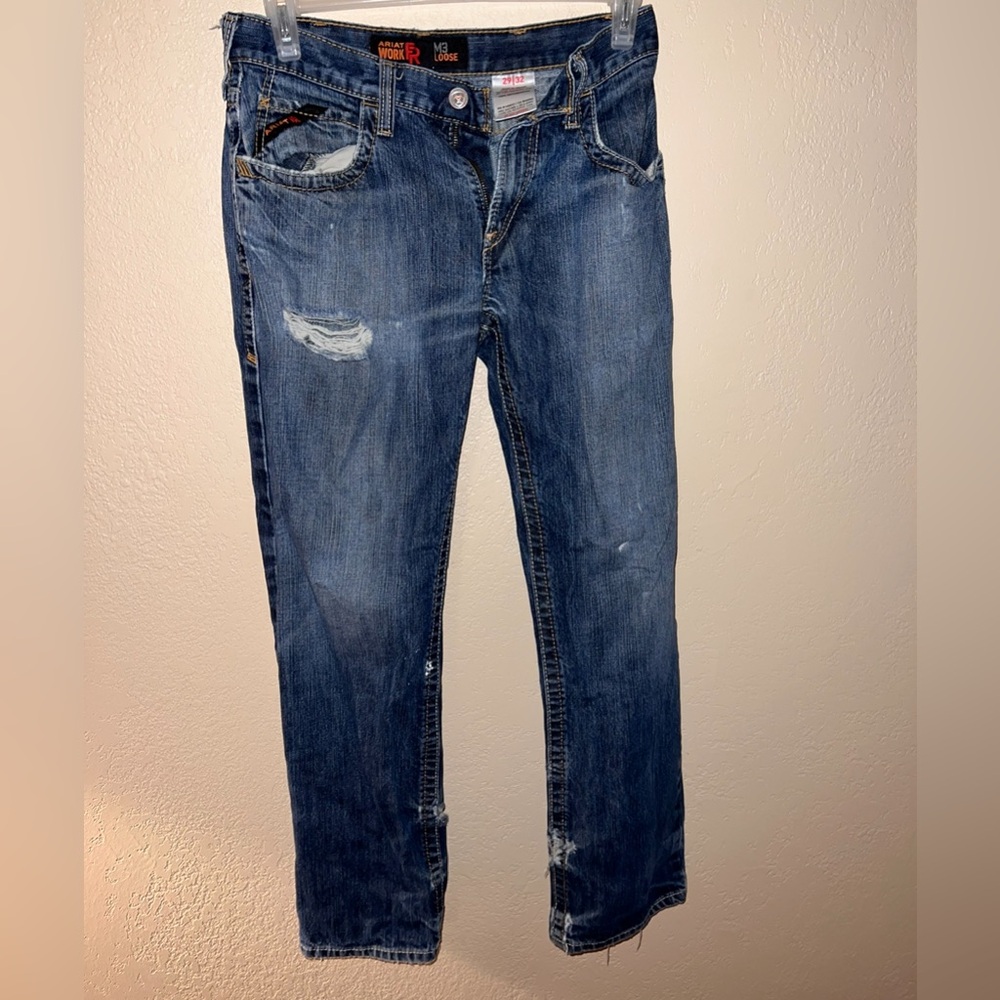 Men's Ariat M3 Loose HRC2 Work FR Flame Resistant Denim Blue Ripped Jeans 29x32